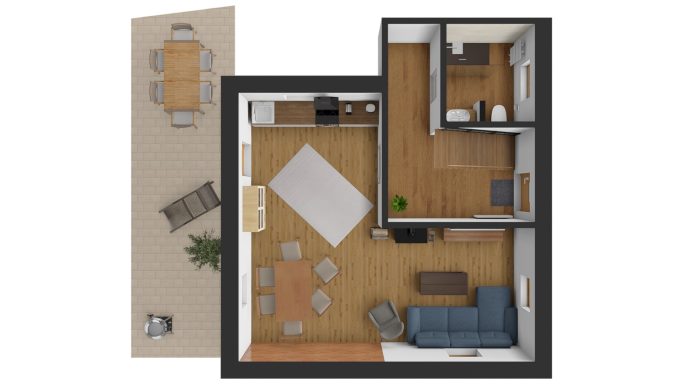 Grundriss einer Wohnung mit Wohn- und Essbereich, Küche und Balkon. Licht und offene Gestaltung.