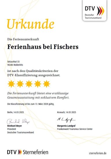 Urkunde für das Ferienhaus bei Fischers vom DTV mit Qualitätsbewertung.